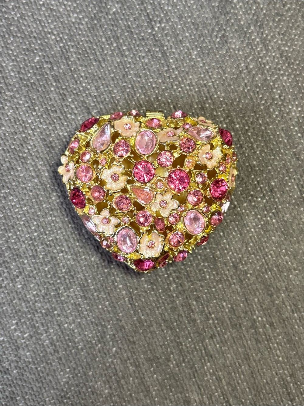 Pink Crystal Heart Floral Ring Dish - Gold Tone